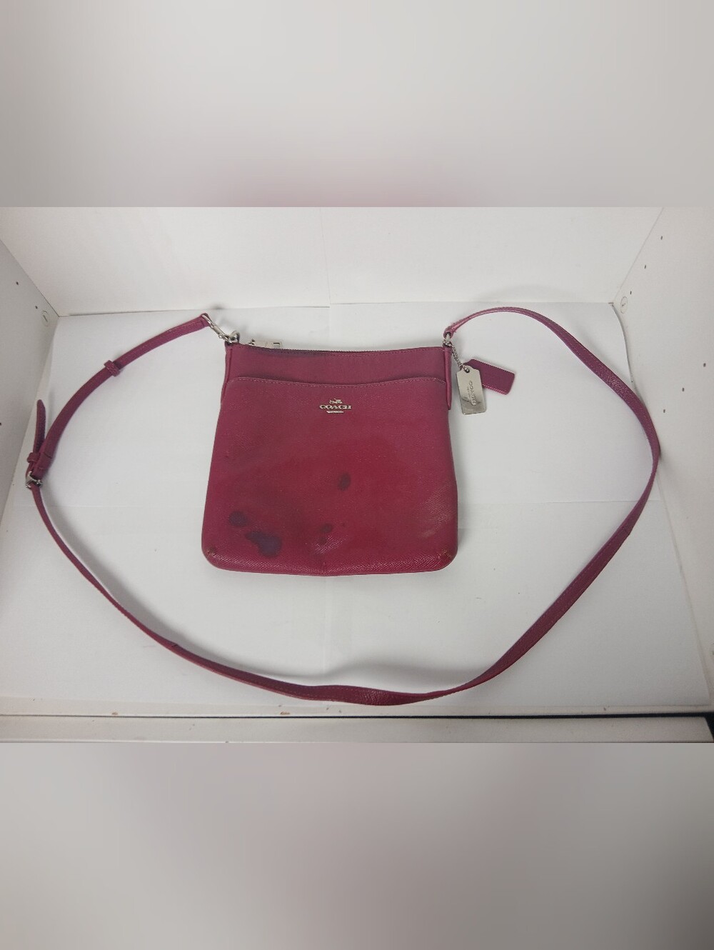 Coach Raspberry Pink Leather Crossbody with Adjustable Strap (Stains On Front)